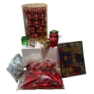 Red & Silver & Multicolor Christmas Ornament Bundle Mini Presents, Balls Tinsel